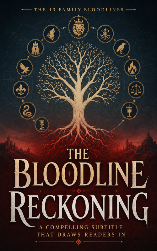 The Bloodline Reckoning ebook cover featuring a golden tree with red roots surrounded by heraldic symbols.